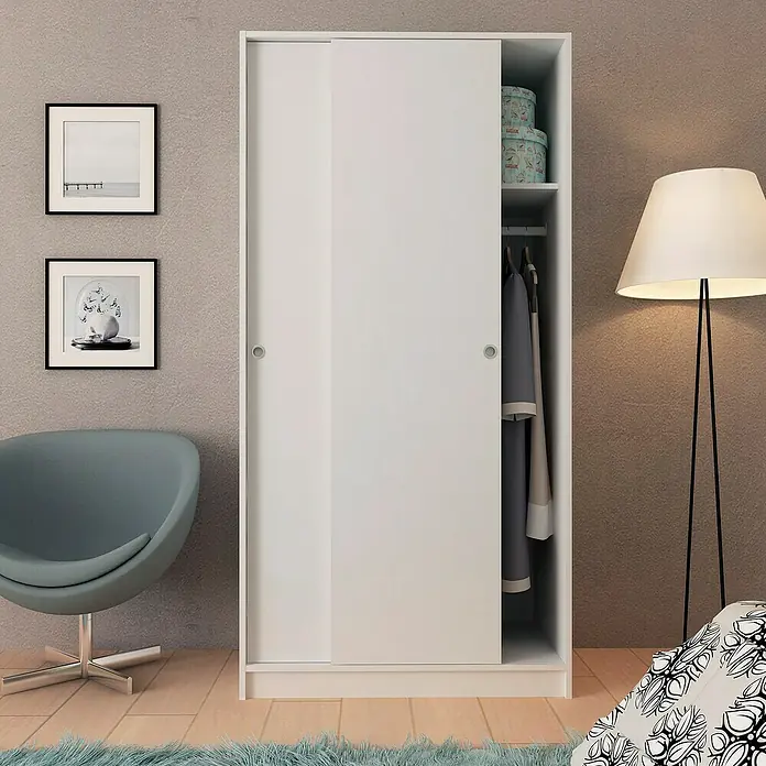 Meka Block Armario de puertas correderas K-9457 - L x An x Al: 50 x 89,6 x 180 cm, Blanco Liso - Armario blanco de puertas correderas, parcialmente abierto, mostrando almacenamiento interno con estantes y barra para colgar ropa.