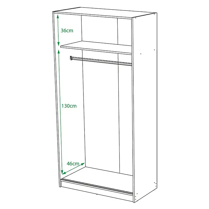 Meka Block Armario de puertas correderas K-9457 - L x An x Al: 50 x 89,6 x 180 cm, Blanco Liso - Esquema de interior de armario con estante superior (36cm alto), espacio para colgar (130cm alto) y 46cm de fondo.
