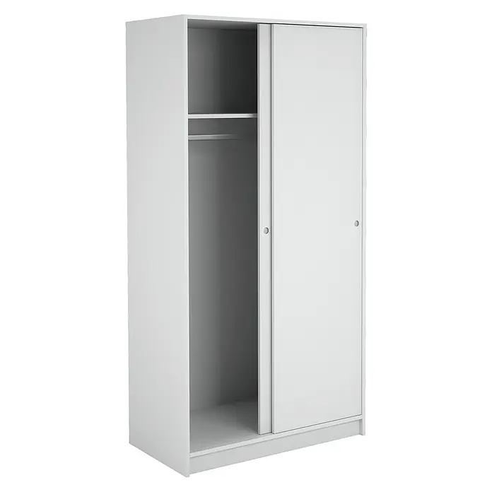 Meka Block Armario de puertas correderas K-9457 - L x An x Al: 50 x 89,6 x 180 cm, Blanco Liso - Armario blanco con puertas correderas, una abierta mostrando estante y barra para colgar.