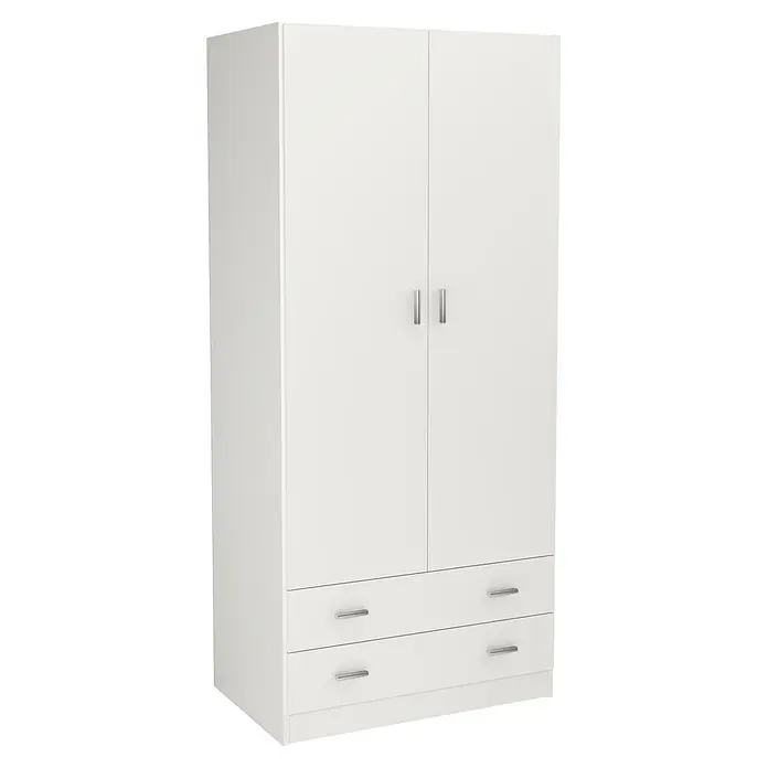 Meka Block Armario para ropa K-9459 - L x An x Al: 52 cm x 80,4 cm x 180 mm, Blanco Liso - Armario blanco de dos puertas con dos cajones inferiores y tiradores plateados.