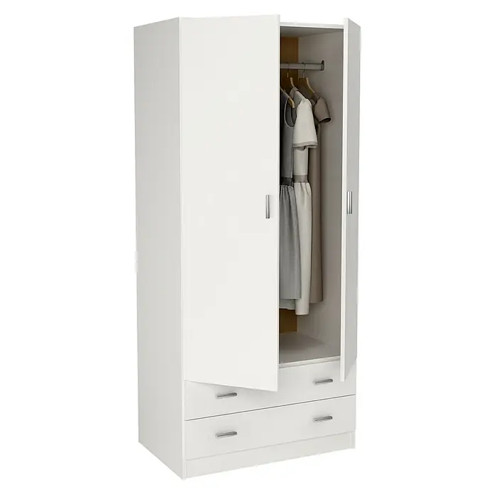 Meka Block Armario para ropa K-9459 - L x An x Al: 52 cm x 80,4 cm x 180 mm, Blanco Liso - Armario blanco con dos puertas, una abierta mostrando ropa colgada en una barra y dos cajones con tiradores plateados.