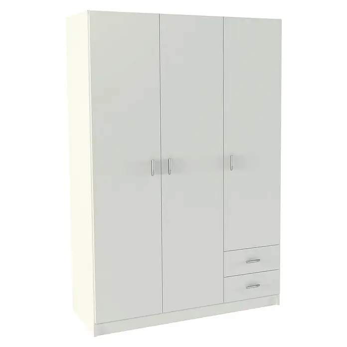 Meka Block Armario para ropa K-9460 - L x An x Al: 52 cm x 120 cm x 180 mm, Blanco Liso - Armario claro de tres puertas con dos cajones y tiradores plateados.