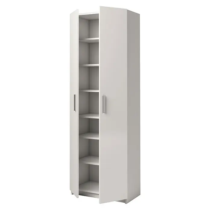 Meka Block Armario multiusos de madera K-967 - L x An x Al: 36 x 60 x 180 cm, Apertura según normativa: Izquierda/Derecha, Blanco Liso, Modelo alto - Armario alto blanco con estantes y dos puertas, una ligeramente abierta.