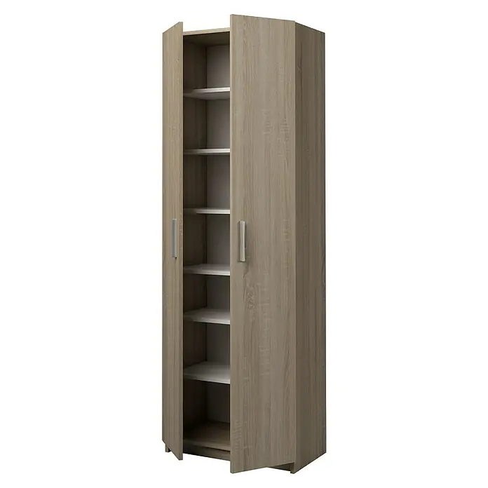 Meka Block Armario multiusos de madera K-967 - L x An x Al: 36 x 60 x 180 cm, Apertura según normativa: Izquierda/Derecha, Roble Cortez, Modelo alto - Armario alto de almacenamiento con acabado de madera clara, dos puertas y múltiples estantes blancos.