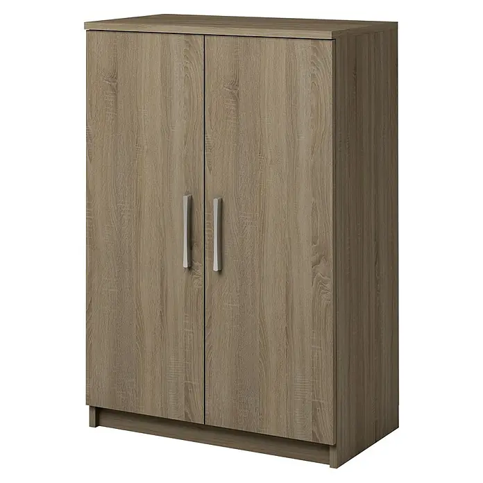 Meka Block Armario multiusos de madera K-967 - L x An x Al: 36 x 60 x 90 cm, Apertura según normativa: Izquierda/Derecha, Roble Cortez, Modelo bajo - Armario de dos puertas marrón claro con veta de madera y tiradores plateados.