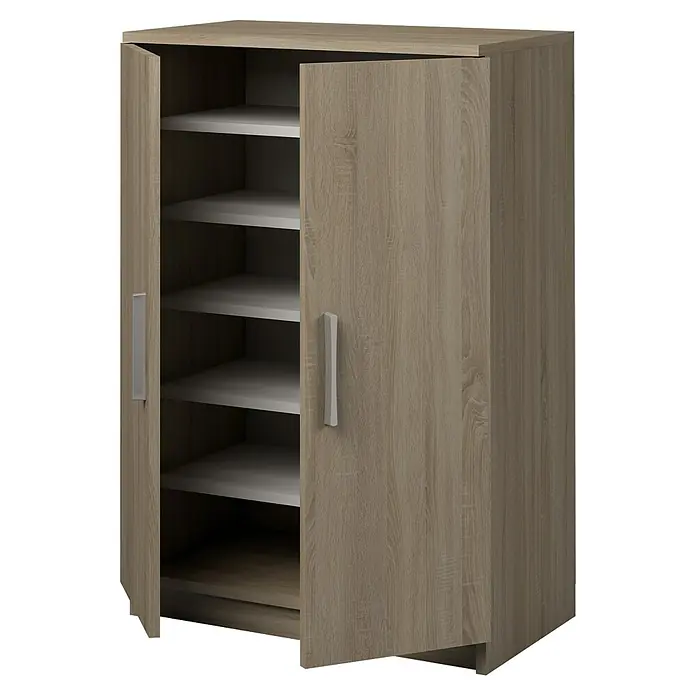 Meka Block Armario multiusos de madera K-967 - L x An x Al: 36 x 60 x 90 cm, Apertura según normativa: Izquierda/Derecha, Roble Cortez, Modelo bajo - Armario de madera marrón claro con dos puertas abiertas y tiradores plateados, revelando cuatro estantes grisos.