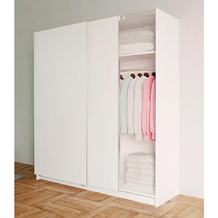 Meka Block Armario de puertas correderas K-903 - L x An x Al: 60 x 180 x 200 cm, Blanco Poro - Armario blanco de puertas correderas con una puerta abierta, mostrando camisas, almohadas y toallas bien organizadas en el interior.
