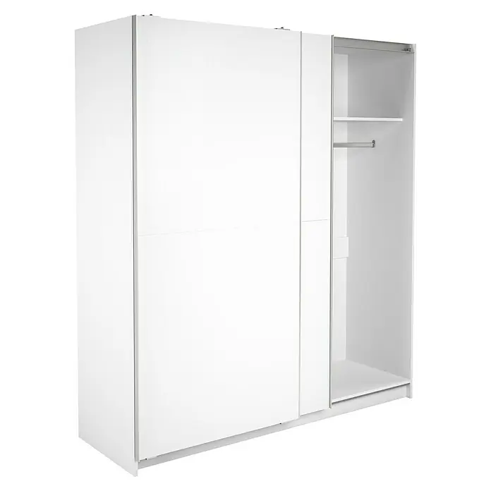 Meka Block Armario de puertas correderas K-903 - L x An x Al: 60 x 180 x 200 cm, Blanco Poro - Armario blanco con dos puertas correderas y una sección abierta con estante y barra para colgar.