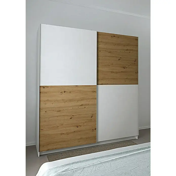 Meka Block Armario de puertas correderas K-903 - L x An x Al: 60 x 180 x 200 cm, Blanco Poro/Roble Albar - Armario de puertas correderas blanco y efecto madera en un dormitorio.