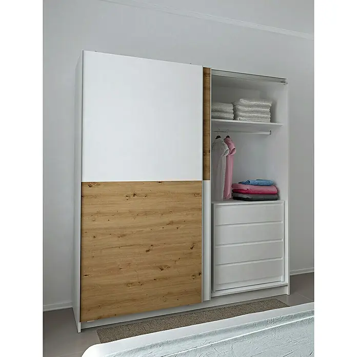 Meka Block Armario de puertas correderas K-903 - L x An x Al: 60 x 180 x 200 cm, Blanco Poro/Roble Albar - Armario corredero blanco y efecto madera, parcialmente abierto, mostrando estantes, barra y cajones.