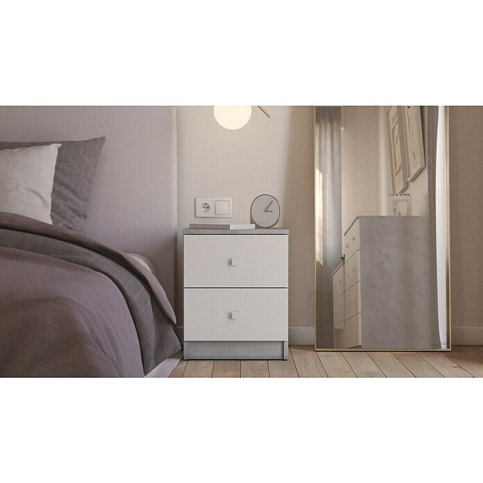 Meka Block Mesita de noche K-635 (L x An x Al: 35 x 40,2 x 49,6 cm, Cemento Grey/Blanco Liso, Número de cajones: 2 ud.) | BAUHAUS