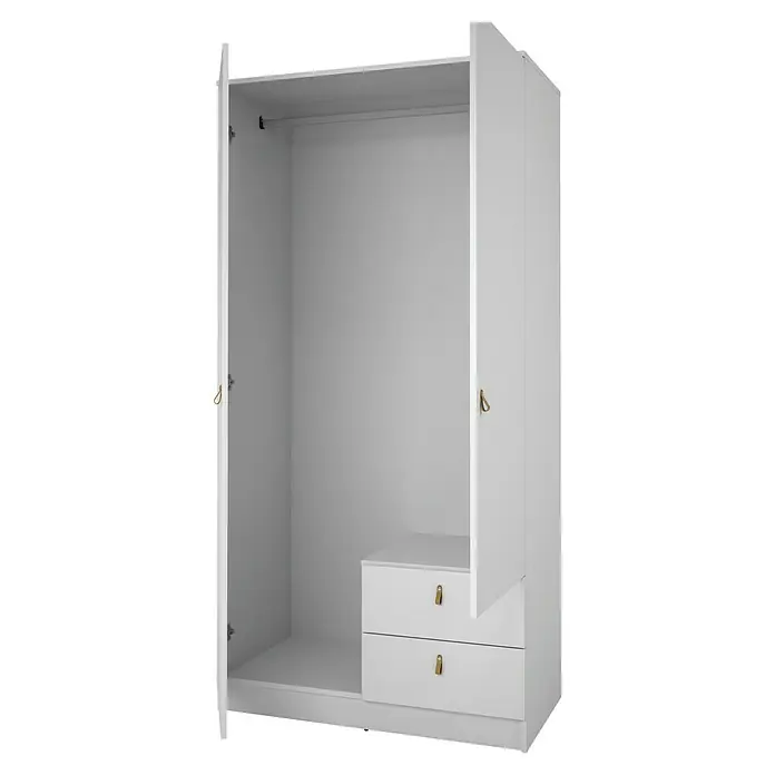 Meka Block Armario para ropa K-709 - L x An x Al: 51,6 x 100,2 x 200 cm, Blanco Poro - Armario blanco abierto con dos cajones, barra para colgar y tiradores de cuero marrón.
