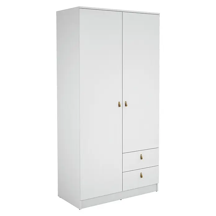 Meka Block Armario para ropa K-709 - L x An x Al: 51,6 x 100,2 x 200 cm, Blanco Poro - Armario blanco con tres puertas, dos cajones y tiradores de cuero marrones.