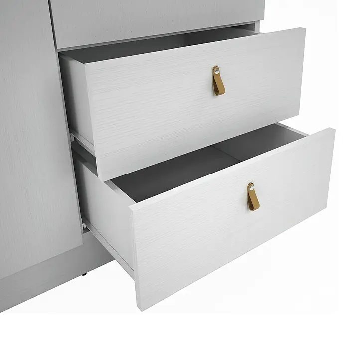 Meka Block Armario para ropa K-709 - L x An x Al: 51,6 x 100,2 x 200 cm, Blanco Poro - Cómoda blanca con veta de madera, dos cajones abiertos, tiradores de cuero color canela e interiores gris oscuro.