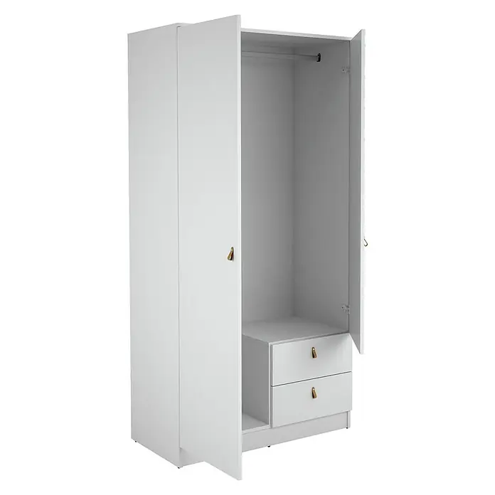 Meka Block Armario para ropa K-709 - L x An x Al: 51,6 x 100,2 x 200 cm, Blanco Poro - Armario blanco de dos puertas, una abierta, con barra para colgar y dos cajones con tiradores de cuero marrón.