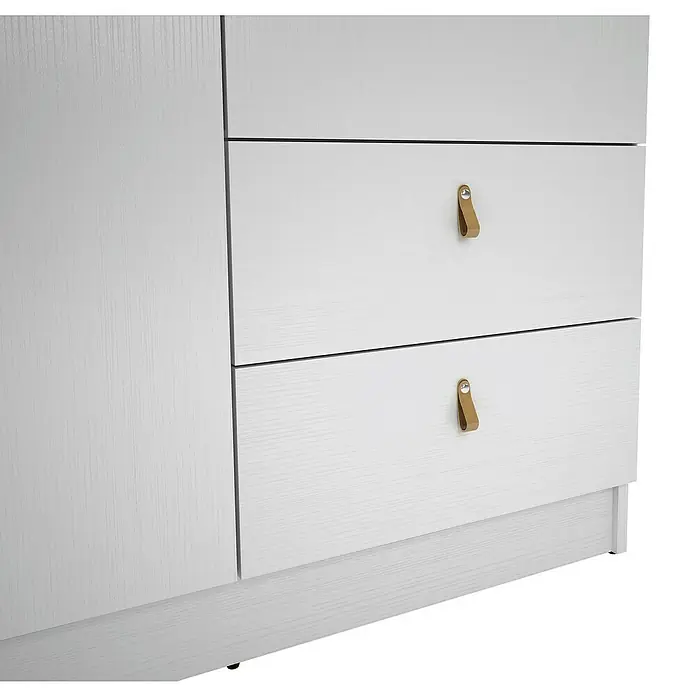 Meka Block Armario para ropa K-709 - L x An x Al: 51,6 x 100,2 x 200 cm, Blanco Poro - Armario de madera blanco con dos cajones y tiradores de cuero marrón claro en bucle.