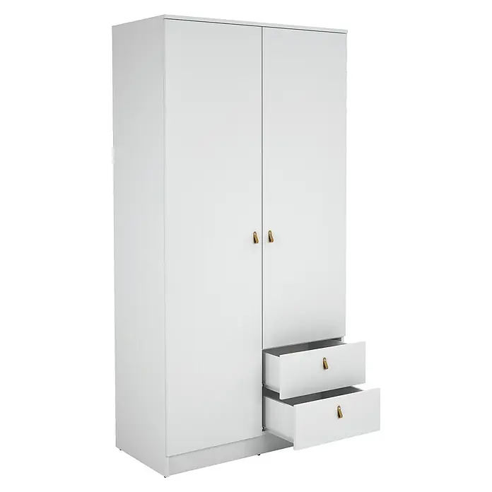 Meka Block Armario para ropa K-709 - L x An x Al: 51,6 x 100,2 x 200 cm, Blanco Poro - Armario blanco con dos puertas y dos cajones abiertos, con tiradores de cuero.