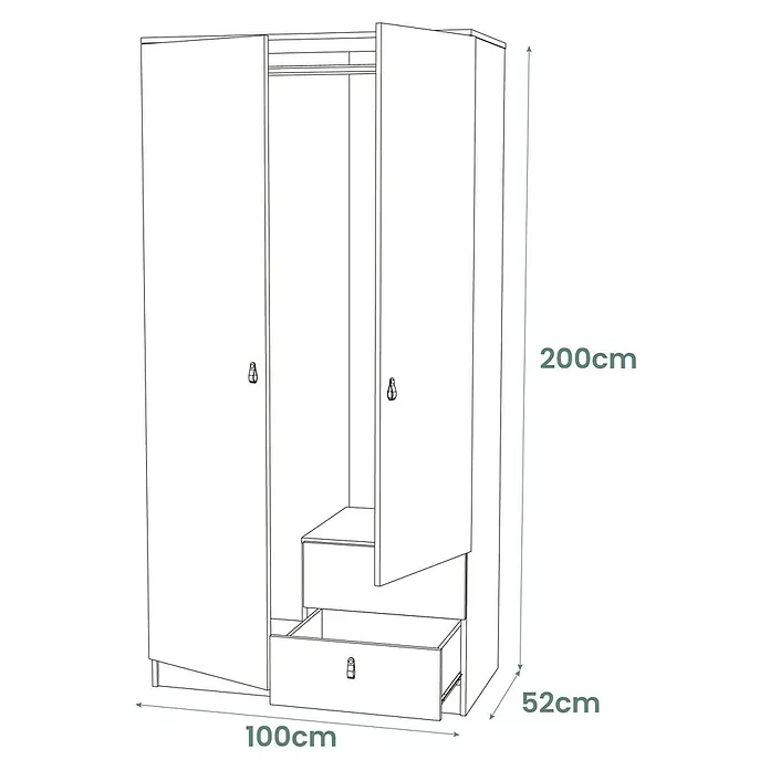 Meka Block Armario para ropa K-709 - L x An x Al: 51,6 x 100,2 x 200 cm, Blanco Poro - Armario blanco de tres puertas con dos cajones parcialmente abiertos, medidas 200x100x52cm.