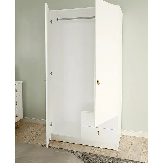 Meka Block Armario para ropa K-709 - L x An x Al: 51,6 x 100,2 x 200 cm, Blanco Poro - Armario blanco de 2 puertas con barra para colgar y dos cajones, con tiradores de bucle dorados.