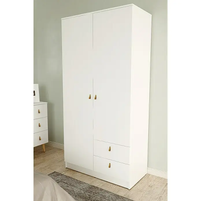 Meka Block Armario para ropa K-709 - L x An x Al: 51,6 x 100,2 x 200 cm, Blanco Poro - Armario blanco de dos puertas con dos cajones inferiores y tiradores de lazo dorados.