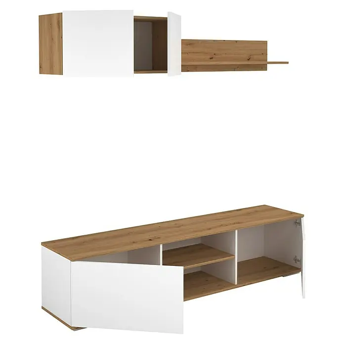 Meka Block Conjunto mueble de salón K-501 - Blanco Soft/Roble Albar, 2 pzs. - Mueble de TV moderno y estantes de pared, blancos con acabado efecto roble claro. Con estantes abiertos y puertas, ideal para almacenaje.