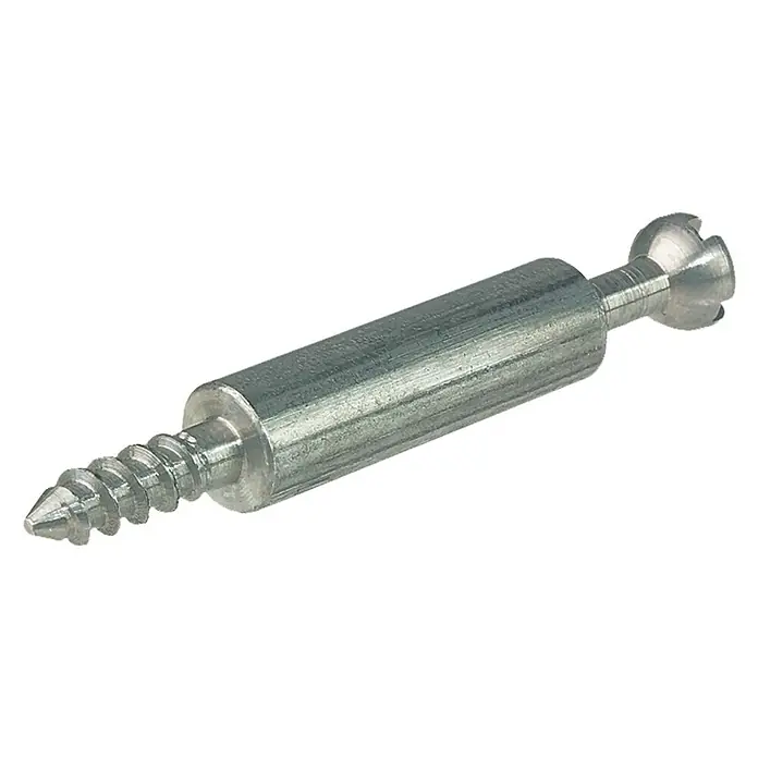 Häfele Perno de conexión - Largo: 36 mm, Longitud rosca: 12 mm - Primer plano de un tornillo metálico cilíndrico brillante con rosca en un extremo y cabeza ranurada en el otro extremo.