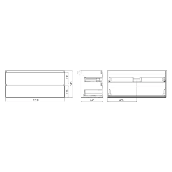 Mueble bajo de lavabo Isa - An x Pr x Al: 120 x 44,6 x 54,5 cm, Beige, Apertura con uñero ingletado 45 grados - Dibujo técnico de un mueble de dos cajones con vistas frontal, lateral y superior, incluyendo dimensiones.