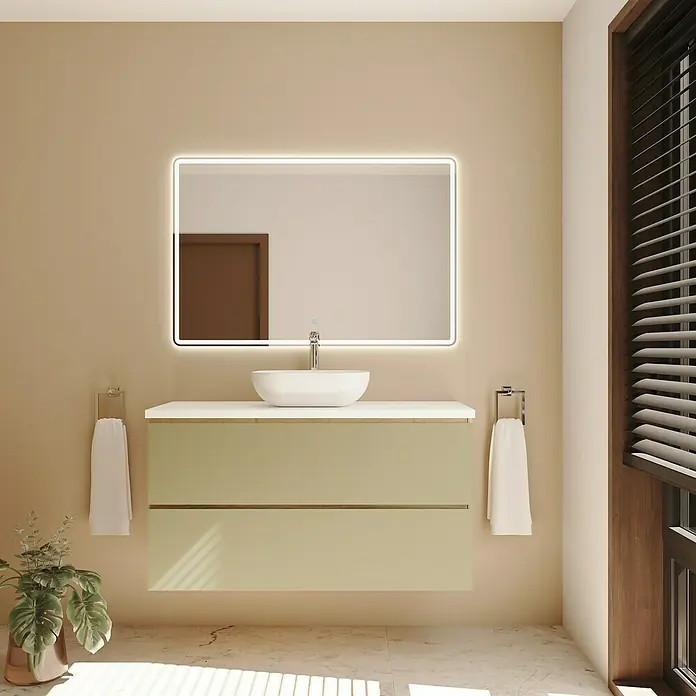 Mueble bajo de lavabo Isa - An x Pr x Al: 120 x 44,6 x 54,5 cm, Verde, Apertura con uñero ingletado 45 grados - Mueble de baño moderno verde claro con lavabo blanco, detalles de madera y espejo iluminado.