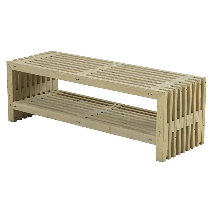 Plus Gartenbank RustikB x T x H: 138 x 49 x 45 cm, Nadelholz, Natur, inkl. Unterfach - Helle Holzbank mit zwei Ablageflächen und einem modernen, minimalistischen Design. Ideal für Flur oder Wohnbereich.