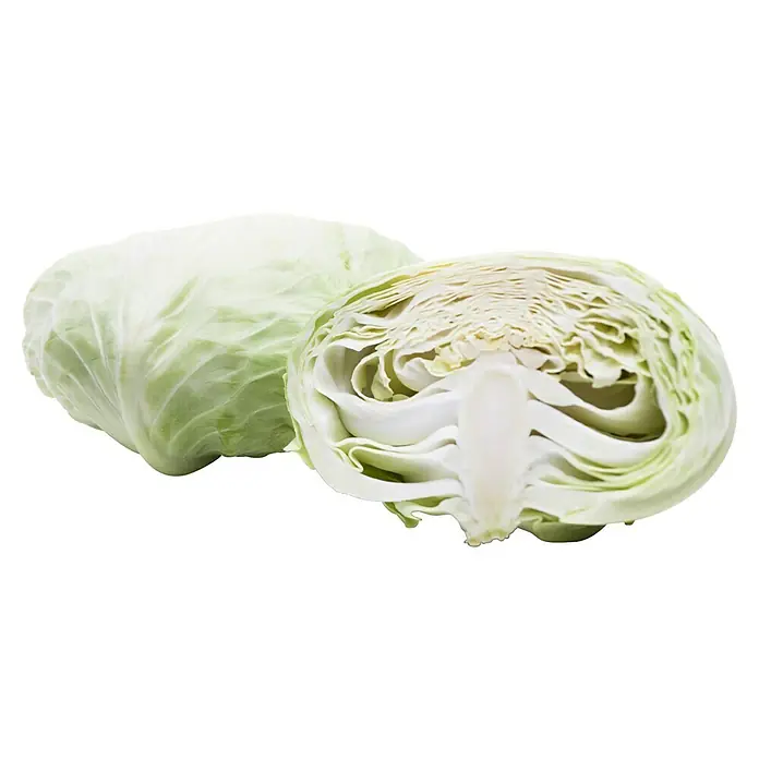 Kopfkohl 6er Schale - Brassica oleracea - Ein ganzer hellgrüner Kohl neben einem halbierten Kohl, der sein weißes, geschichtetes Inneres zeigt.