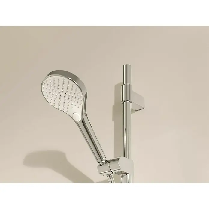 Hansa Viva Brausegarnitur - Lochabstand: 72 cm, Art Strahl: Normal, Massage, Regenstrahl, Chrom - Chromfarbener Handbrausekopf mit weißem Knopf, an einer Chrom-Duschstange montiert.