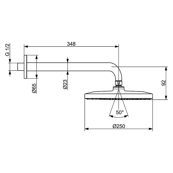 Hansa Viva Kopfbrause - Durchmesser: 25 cm, 12 l/min, Chrom - Technische Zeichnung einer runden Kopfbrause mit 348mm Wandarm, 250mm Brausekopfdurchmesser und G 1/2 Anschluss.