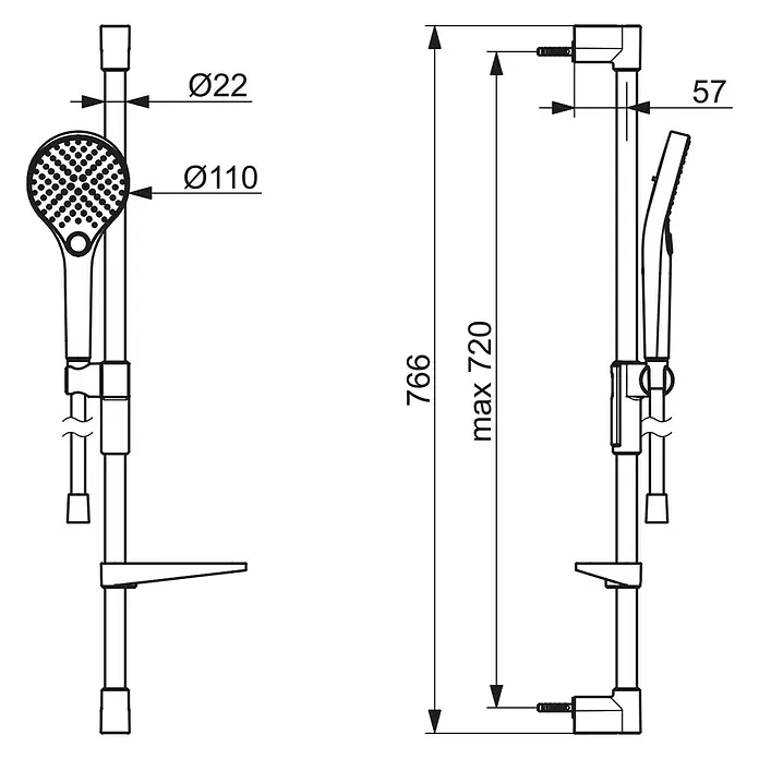 Hansa Viva Brausegarnitur - Lochabstand: 72 cm, Art Strahl: Normal, Massage, Regenstrahl, Chrom - Technische Zeichnung einer verstellbaren Duschstange mit Handbrause, komplett mit Maßen und Durchmessern.