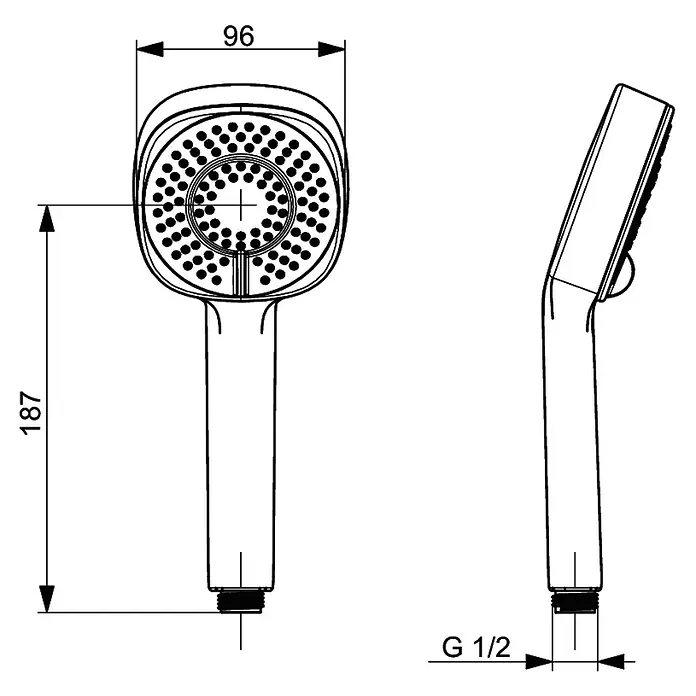 Hansa Basicjet Handbrause - Durchmesser: 9,6 cm, Chrom - Technische Zeichnung eines Duschkopfs, 96mm breit, 187mm lang, mit G 1/2 Anschluss.