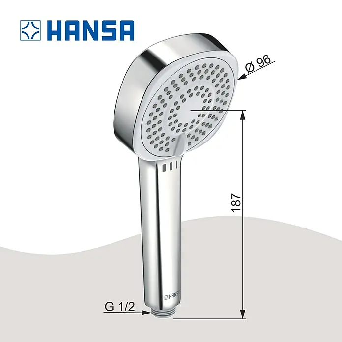 Hansa Basicjet Handbrause - Durchmesser: 9,6 cm, Chrom - Verchromte Hansa Handbrause mit weißer Strahlscheibe und G 1/2 Anschluss. Durchmesser 96 mm, Länge 187 mm.
