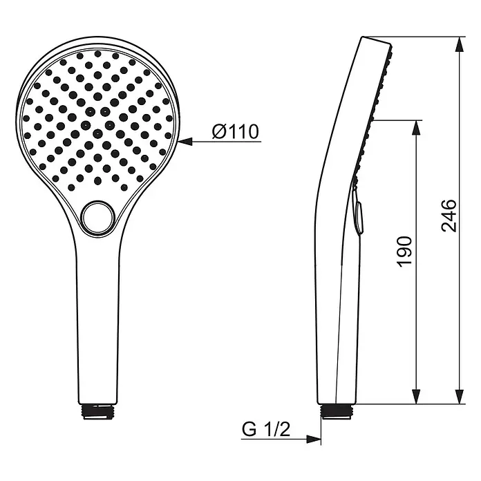 Hansa Viva Handbrause - Durchmesser Handbrause: 11 cm, Chrom - Technische Zeichnung einer Handbrause mit Ø110mm Duschkopf und G 1/2 Anschluss, Gesamtlänge 246mm.