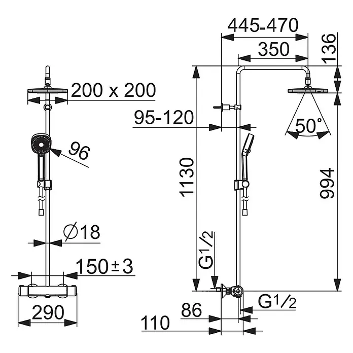 Hansa Micra Duschsystem Style - Lochabstand: 147 cm - 153 cm, Anzahl Strahlarten: 3 Stk., Chrom - Technisches Datenblatt eines Duschsystems mit Maßen.