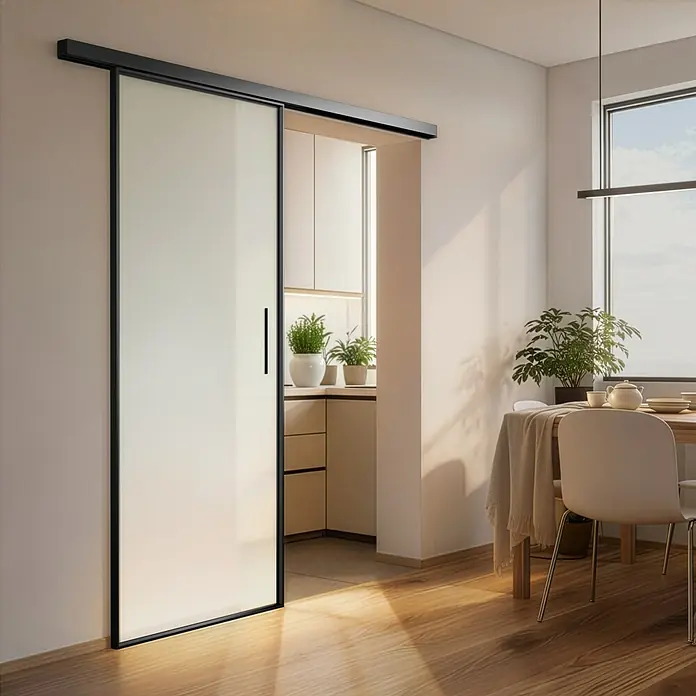 Diamond Doors Black Edition Schiebetür-Komplettset Jubidoor Loftline Black - 935 x 2.058 mm, Einscheibensicherheitsglas (ESG) - Schwarze Schiebetür mit Milchglas, trennt Essbereich von Küche.