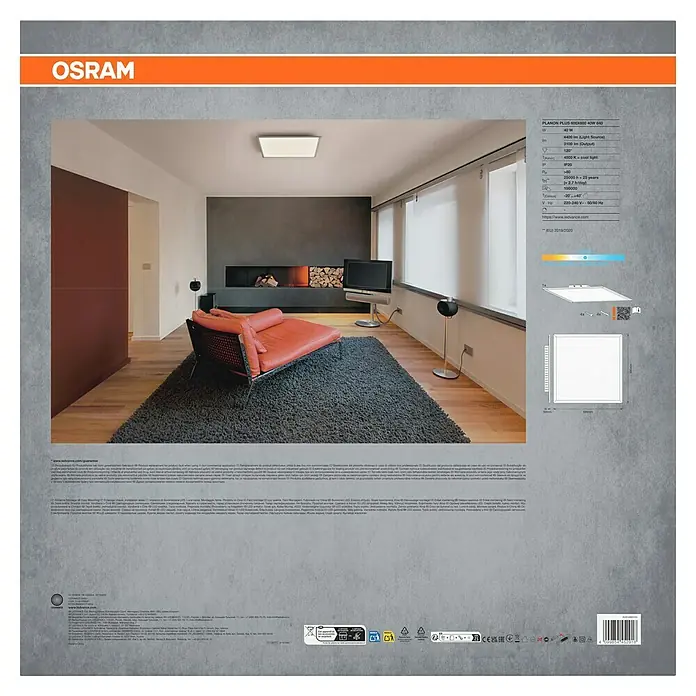 Osram LED-Panel Planon Plus - 36 W, L x B x H: 60 x 60 x 5 cm, Weiß, Weiß, Kaltweiß - Quadratische OSRAM LED-Flächenleuchte in einem modernen Wohnzimmer, mit Produktspezifikationen.