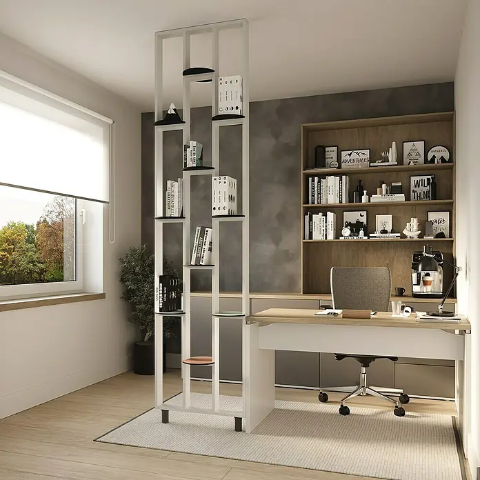 Mixpol Profile Raumteiler Cube White - 63,4 x 250 cm, Weiß - Modernes Heimbüro mit weiß/schwarzem Raumteiler-Bücherregal, Holzschreibtisch und Bürostuhl, das einen funktionalen Arbeitsbereich schafft.