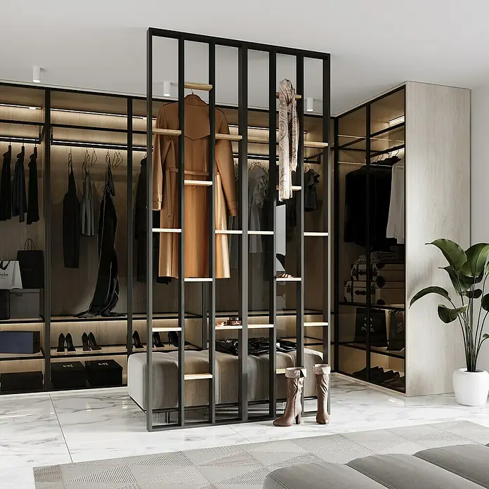 Mixpol Profile Raumteiler Cube Saragossa/SW - 63,4 x 250 cm, Natur/Schwarz - Ein moderner begehbarer Kleiderschrank mit schwarzen Metallrahmen, hellen Holzregalen und einer offenen Trennwand mit integrierter Sitzgelegenheit.