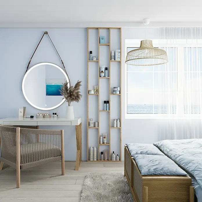 Mixpol Profile Raumteiler Cube Saragossa - 63,4 x 250 cm, Natur - Helles Schlafzimmer mit weißem Schminktisch, beleuchtetem Rundspiegel, geflochtenem Stuhl und hohem Holzregal mit Schönheitsprodukten.