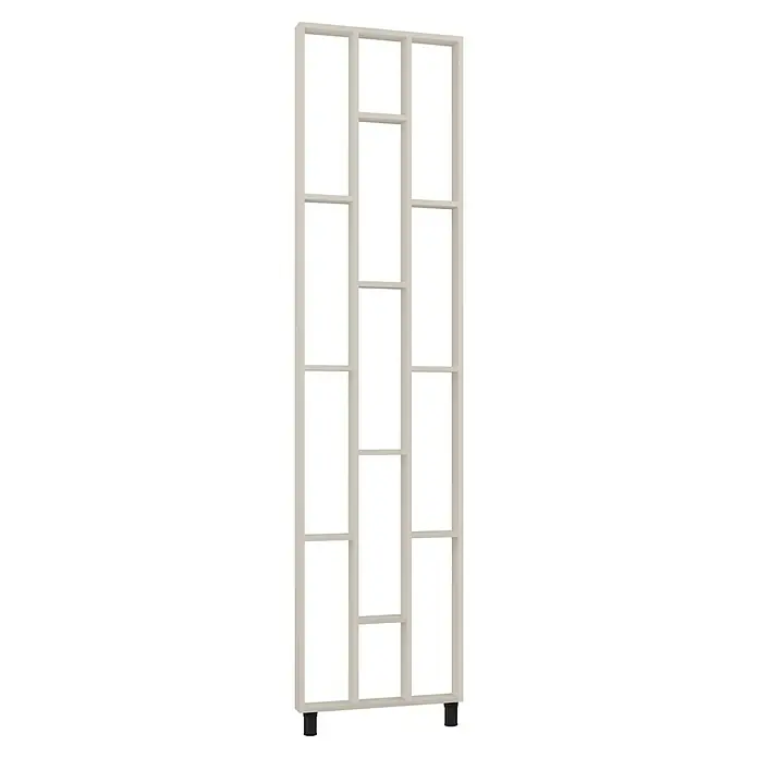 Mixpol Profile Raumteiler Cube Cashmere - 63,4 x 250 cm, Beige - Helles beiges offenes Regal mit mehreren Fächern, das auf zwei dunklen Füßen steht.