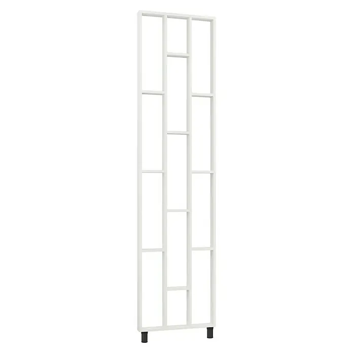 Mixpol Profile Raumteiler Cube White - 63,4 x 250 cm, Weiß - Weißes modulares Regal mit mehreren Fächern, auf zwei dunklen Füßen stehend.
