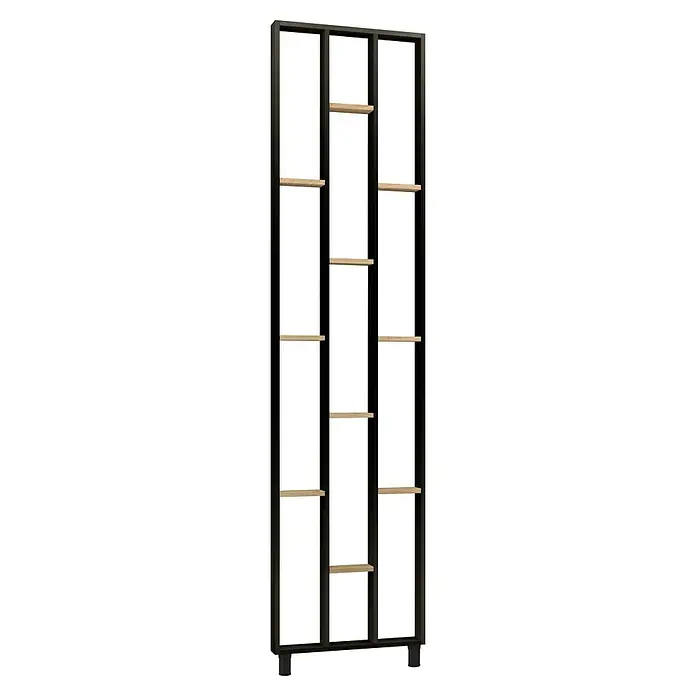 Mixpol Profile Raumteiler Cube Saragossa/SW - 63,4 x 250 cm, Natur/Schwarz - Schwarzes offenes Bücherregal mit hellem Holz, ideal als Raumteiler.