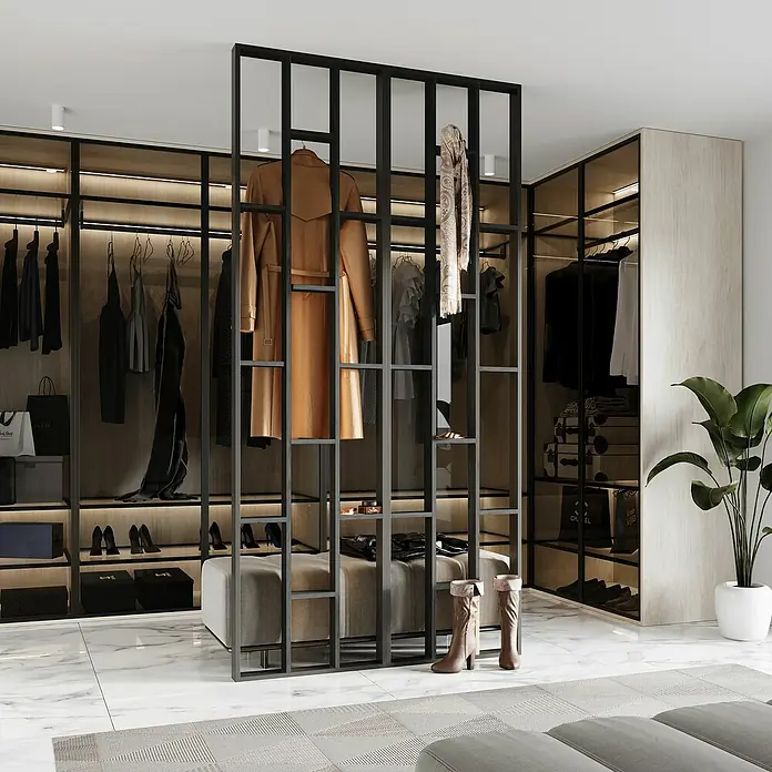 Mixpol Profile Raumteiler Cube Schwarz ARF - 63,4 x 250 cm, Schwarz - Offenes Ankleidezimmer mit dunklen Metallrahmen, Holzpaneelen und integrierter Polsterbank zur Aufbewahrung von Kleidung, Schuhen und Accessoires.
