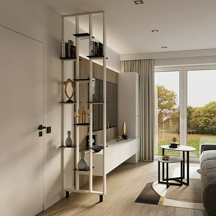 Mixpol Profile Raumteiler Cube Cashmere - 63,4 x 250 cm, Beige - Weißes offenes Regal/Raumteiler in einem modernen Wohnzimmer, mit Büchern und Deko-Objekten.