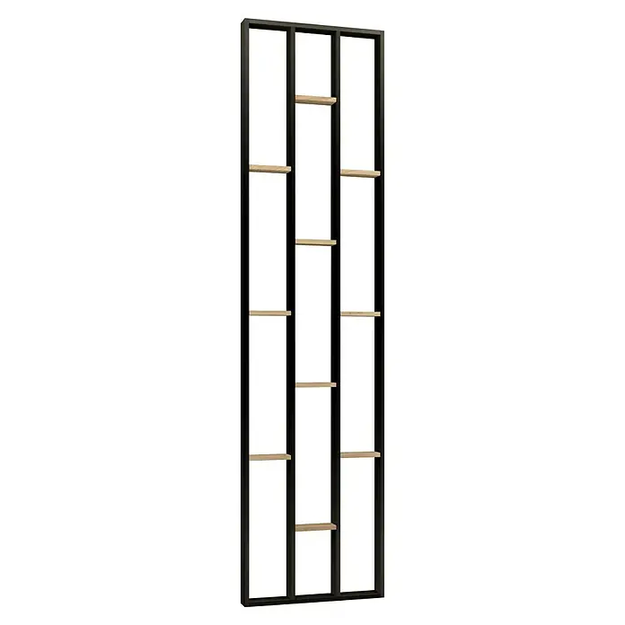 Mixpol Profile Raumteiler Cube Saragossa/SW - 63,4 x 250 cm, Natur/Schwarz - Hohes, schmales Regal mit dunklem Metallrahmen und hellen Holzablagen.
