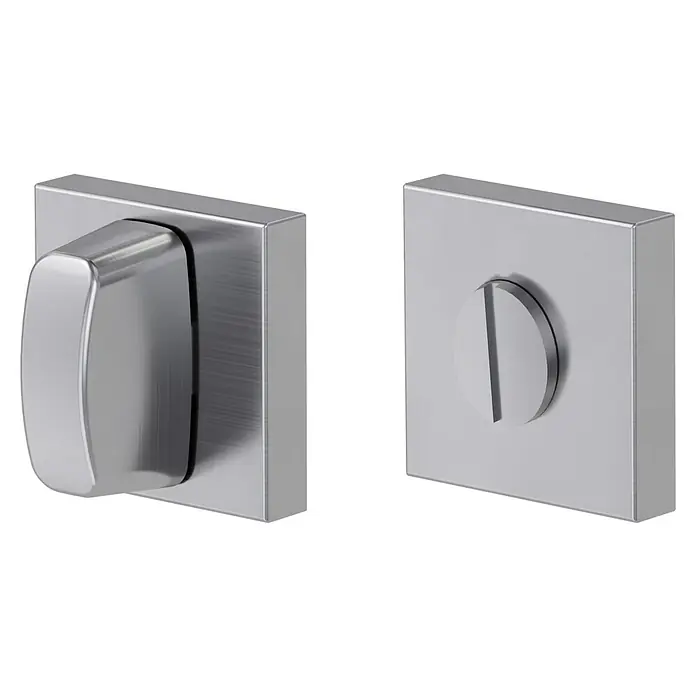 Diamond Doors Schlüsselschild - Edelstahl matt, Matt - Zwei Tür-WC-Verriegelungsplatten aus gebürstetem Metall, eine mit Drehknauf, die andere mit Schlitz für Notentriegelung.