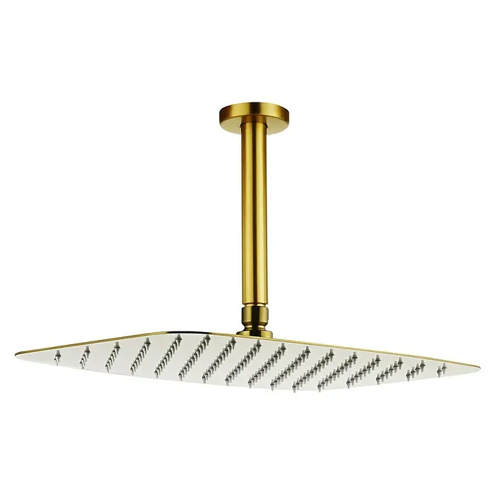 Camargue Bolonia Sistema de ducha empotrado - Con grifo termostático, Oro, Latón - Rociador de ducha cuadrado dorado de techo con placa blanca y boquillas grises.